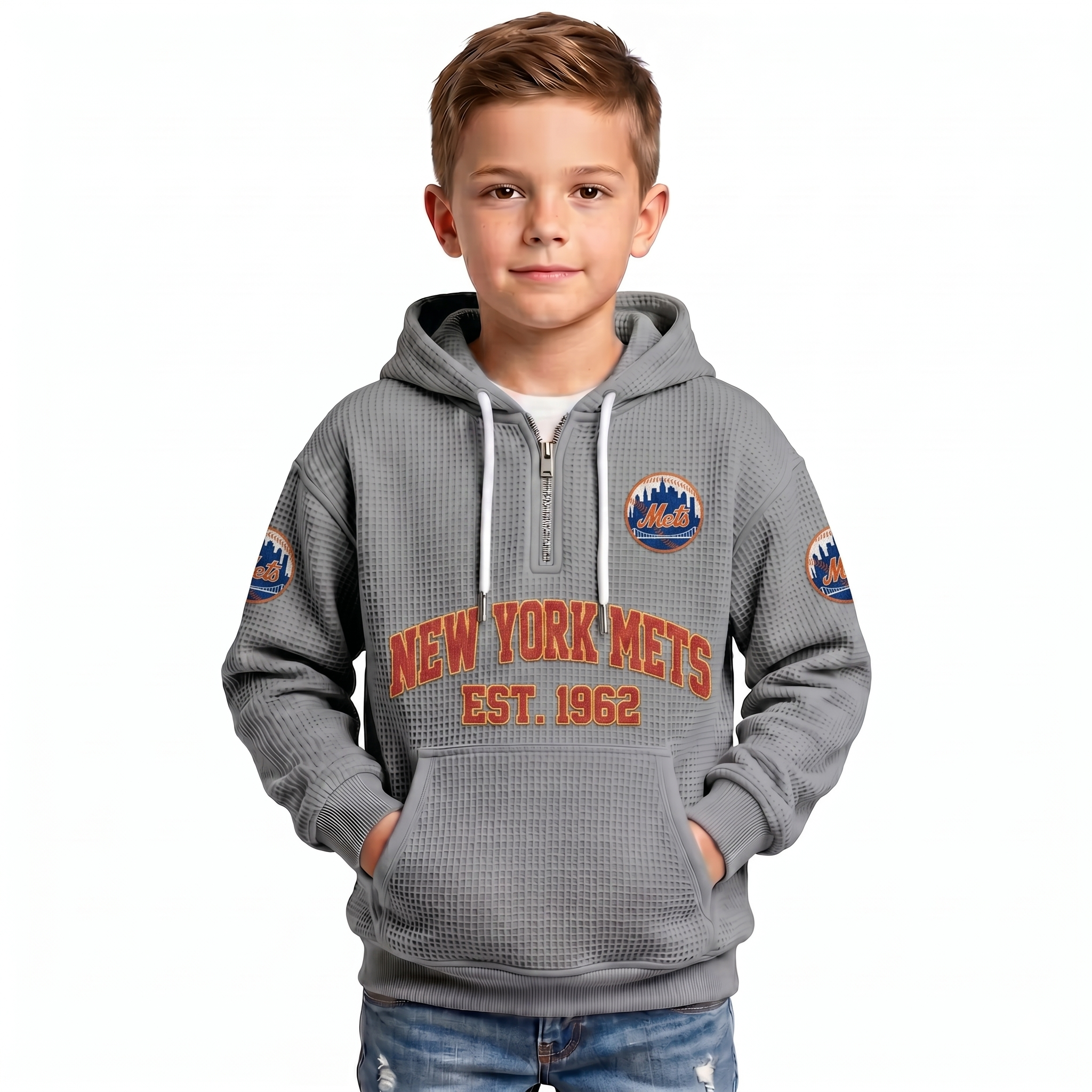 New York Mets EST 1962 Kids Baseball Fan Printed Waffle Quarter Zip Hoodie