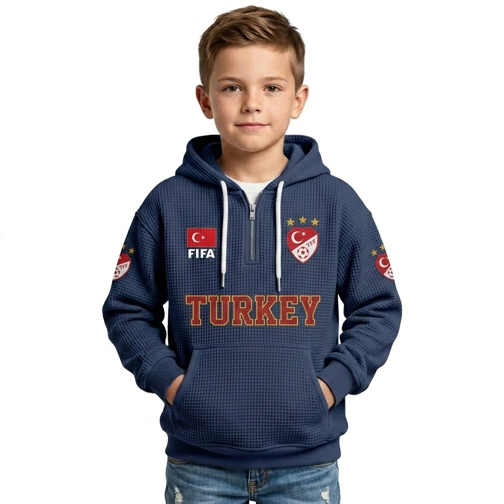 FIFA 2026 Turkey Printed Waffle Quarter Zip Kids Football Fan Hoodie