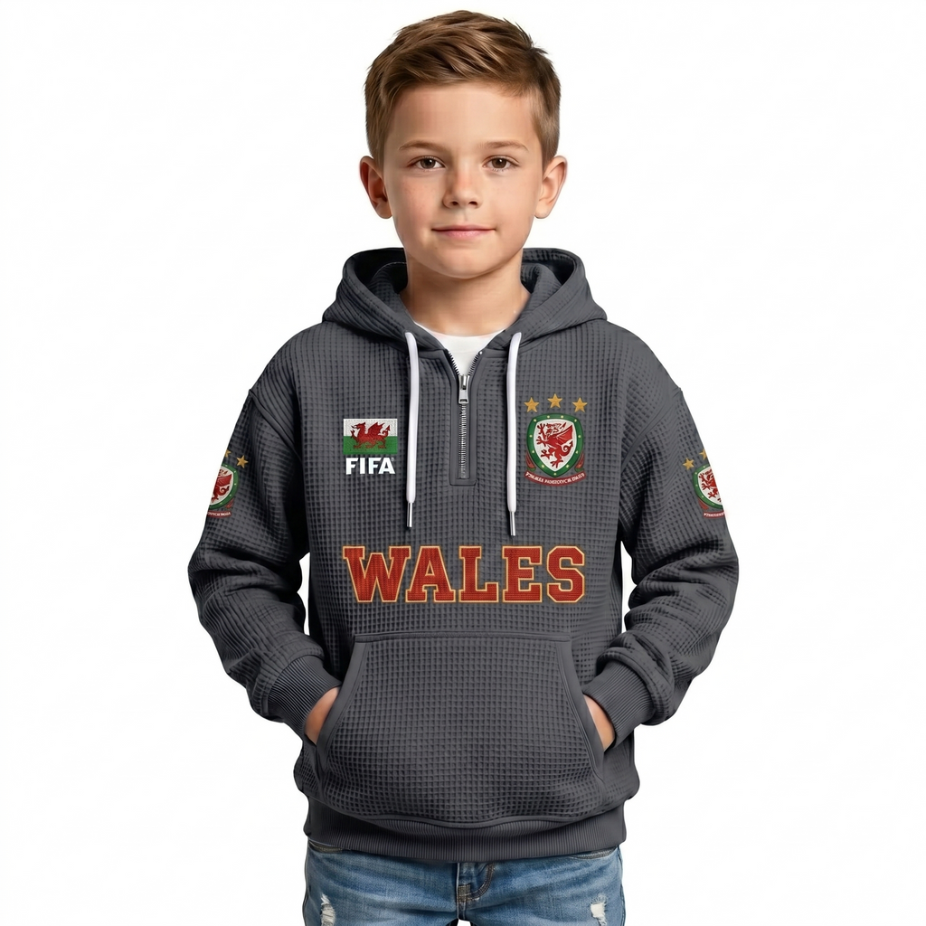 FIFA 2026 Wales Printed Waffle Quarter Zip Kids Football Fan Hoodie