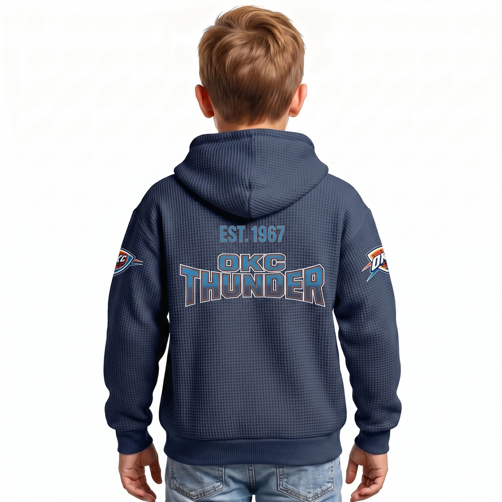 Oklahoma City Thunder EST 1967 Kids Baseball Fan Printed Waffle Quarter Zip Hoodie