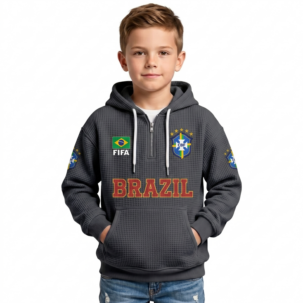 FIFA 2026 Brazil Printed Waffle Quarter Zip Kids Football Fan Hoodie
