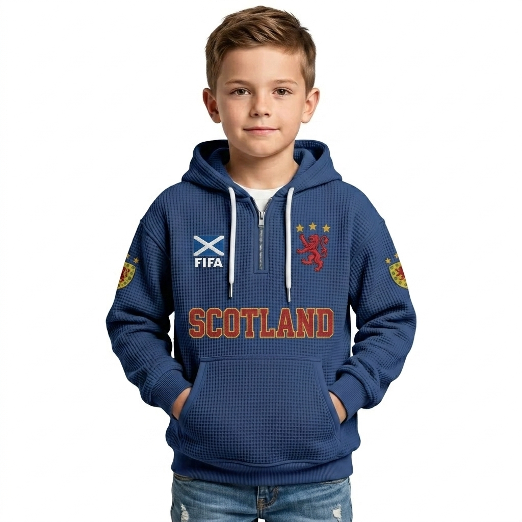 FIFA 2026 Scotland Printed Waffle Quarter Zip Kids Football Fan Hoodie