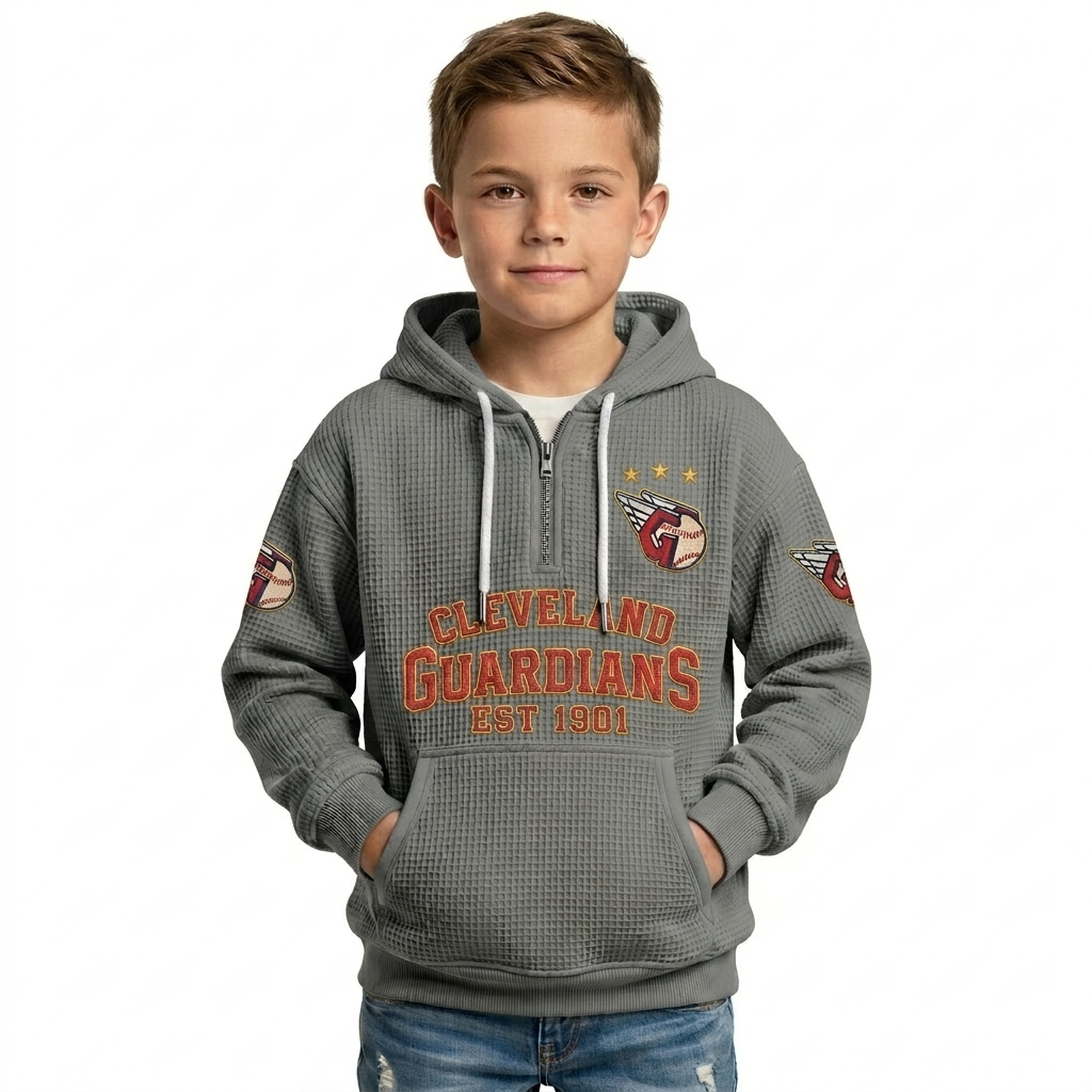 Cleveland Guardians EST 1901 Kids Baseball Fan Printed Waffle Quarter Zip Hoodie