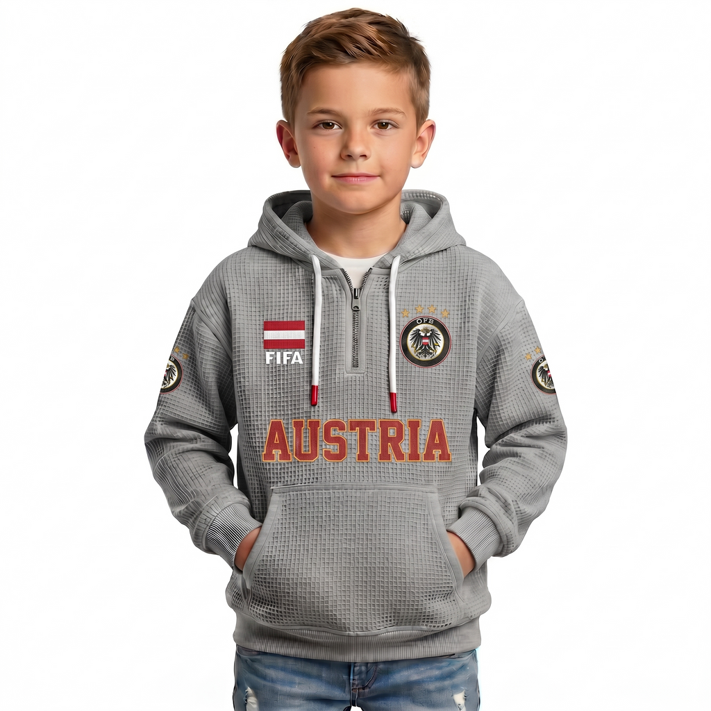 FIFA 2026 Austria Printed Waffle Quarter Zip Kids Football Fan Hoodie