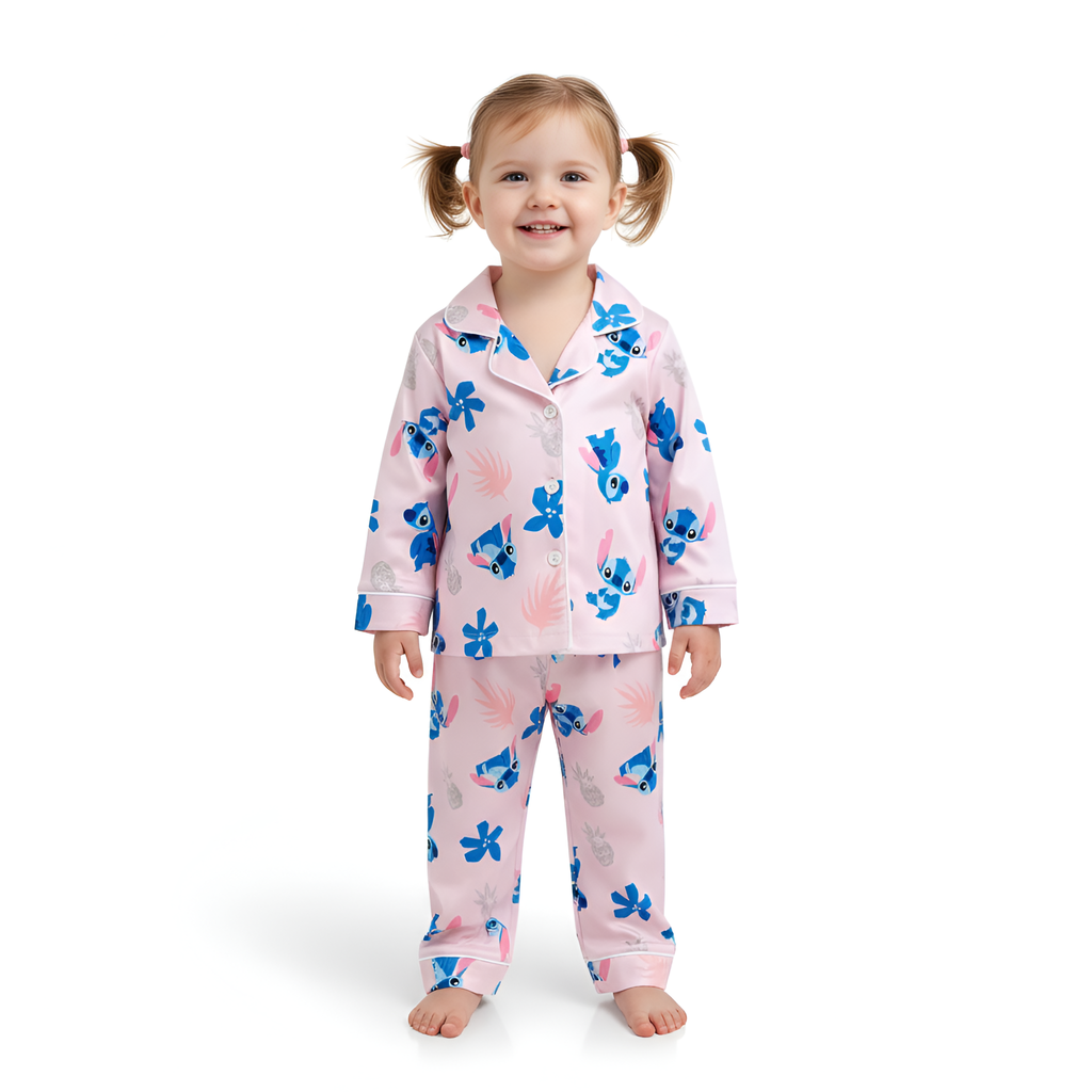 Girls Stitch Printed Pajama Set With Button And Top