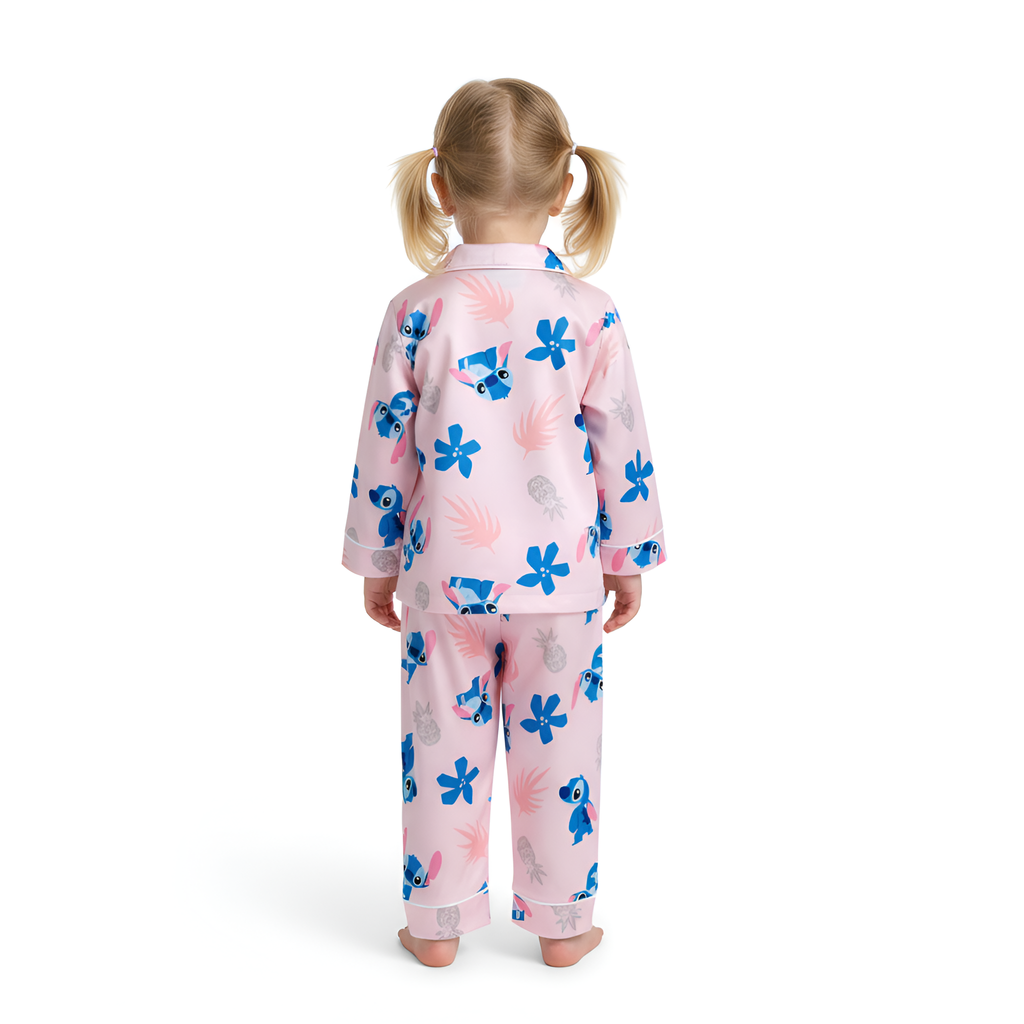 Girls Stitch Printed Pajama Set With Button And Top