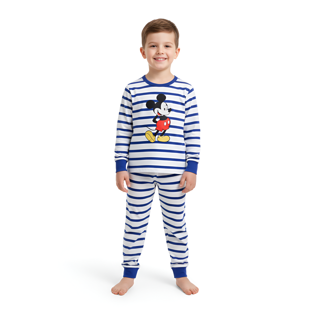 Mickey Mouse Striped Cartoon Print Kids Pajama Set