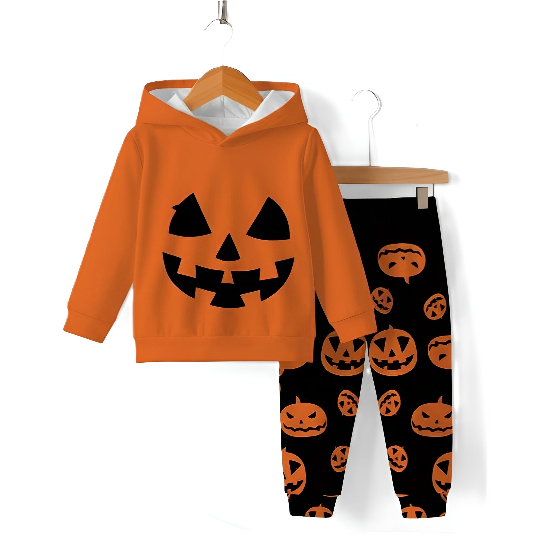 Boys And Girls Halloween Pumpkin Print Hooded And Sweatshirt Set