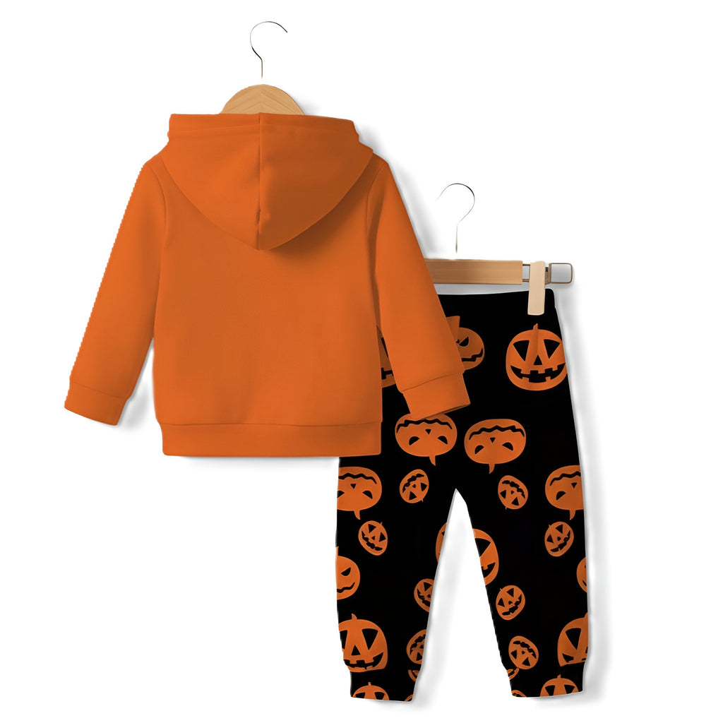 Boys And Girls Halloween Pumpkin Print Hooded And Sweatshirt Set