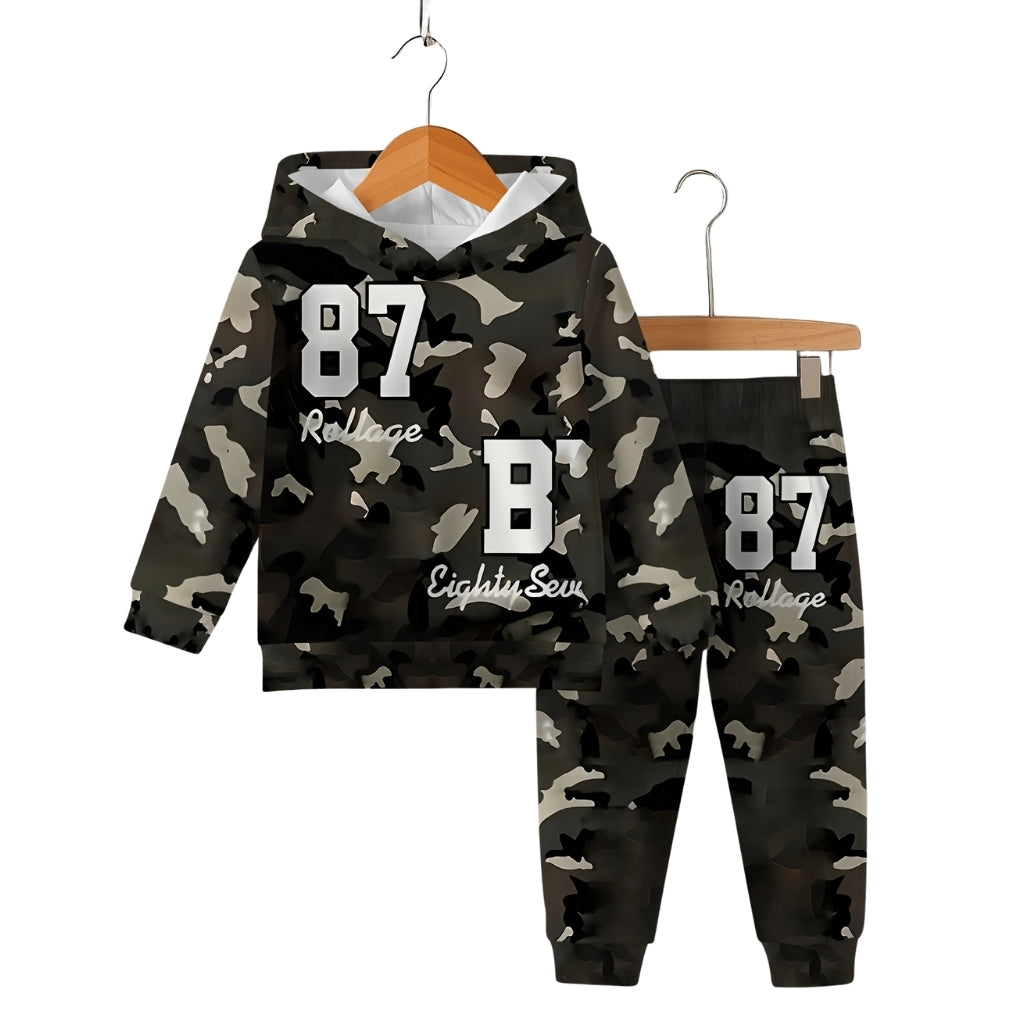Boy And Girls Hooded Sweatshirt And Pants Set With Number 87 Print
