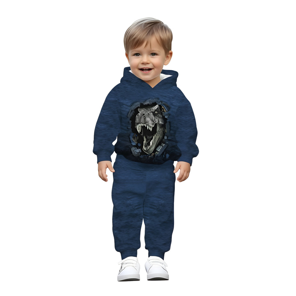 Baby Boy Hooded Sweatshirt And Sportswear Set With Bold Dinosaur Print