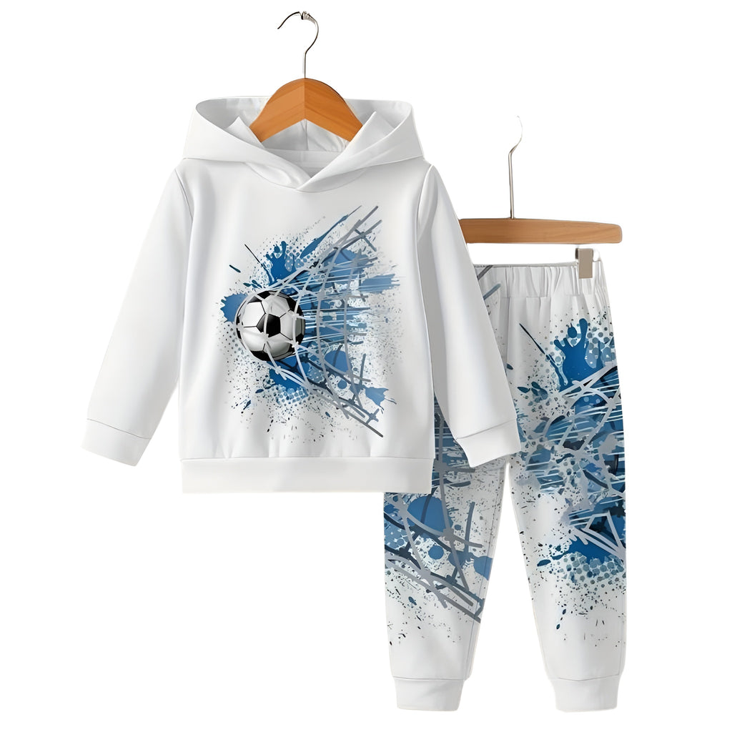 Boys Hooded Sweatshirt Set With Football Goal Print