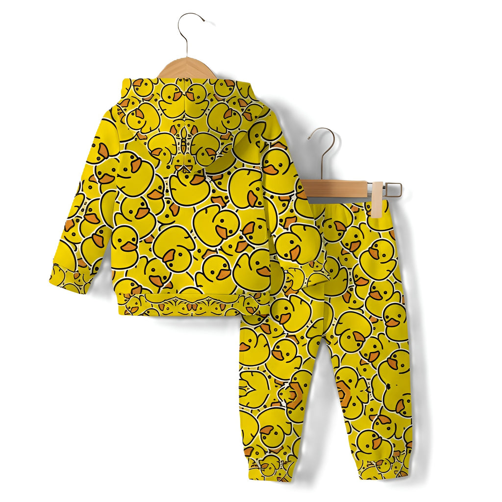 Boys Hooded Sweatsuit Set With Duck Print Romper And Matching Pants