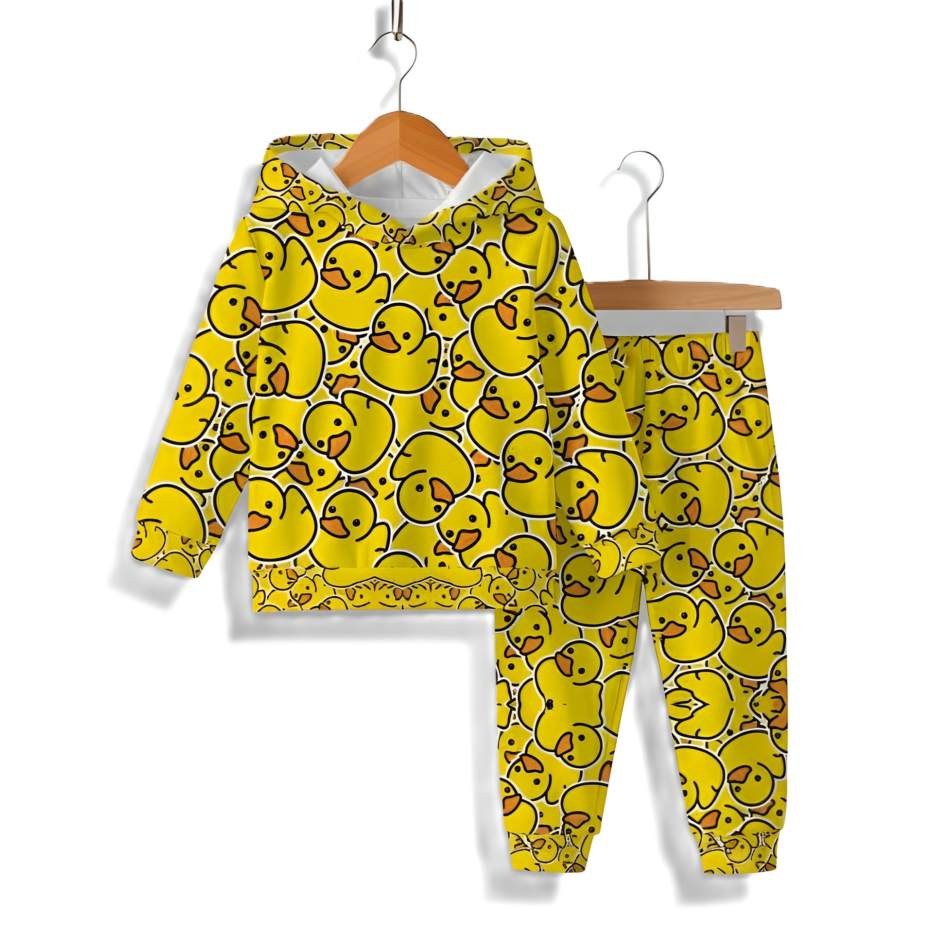 Boys Hooded Sweatsuit Set With Duck Print Romper And Matching Pants
