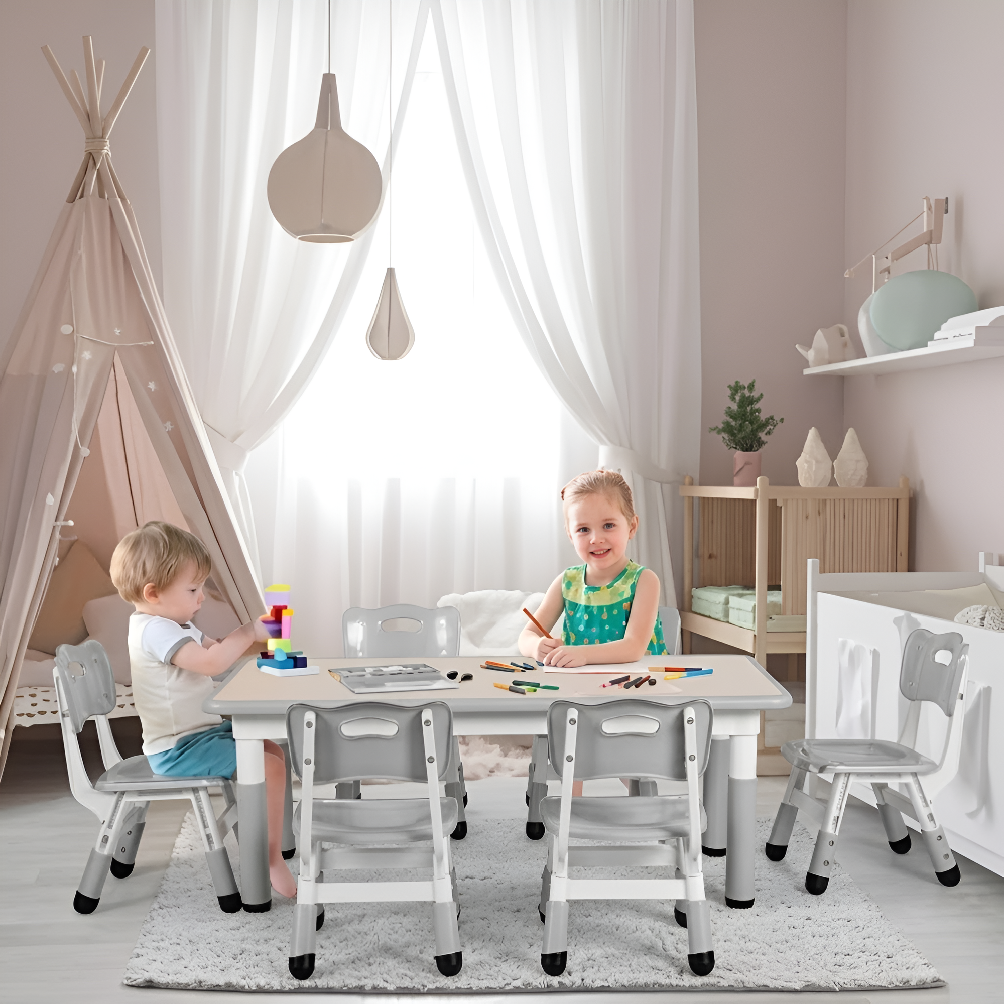 Kids Adjustable Table And 6 Chairs Set