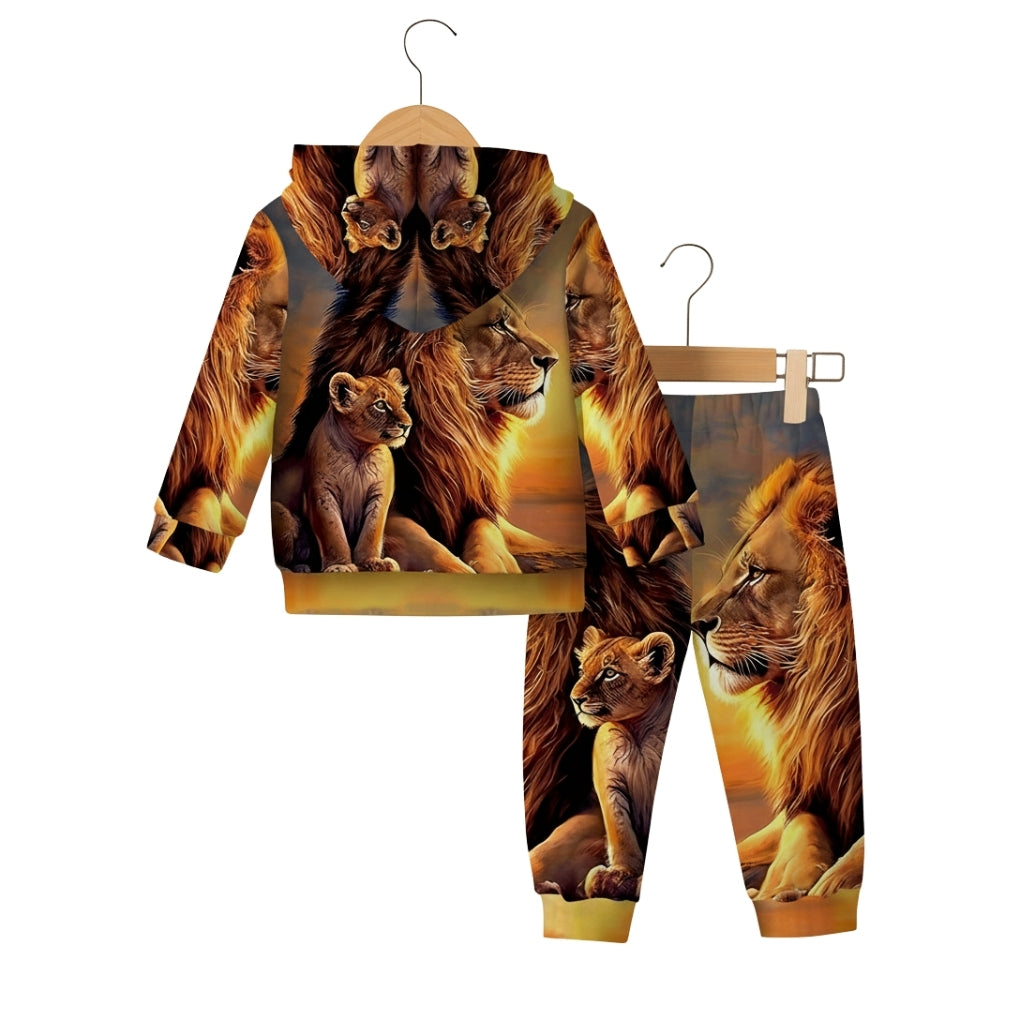 Boys And Girls Lion Family Print Hoodie And Jogger Pants Set With Fleece