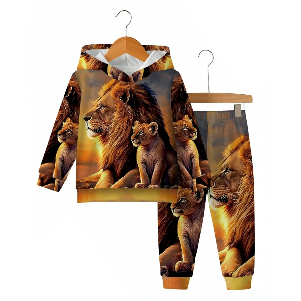 Boys And Girls Lion Family Print Hoodie And Jogger Pants Set With Fleece