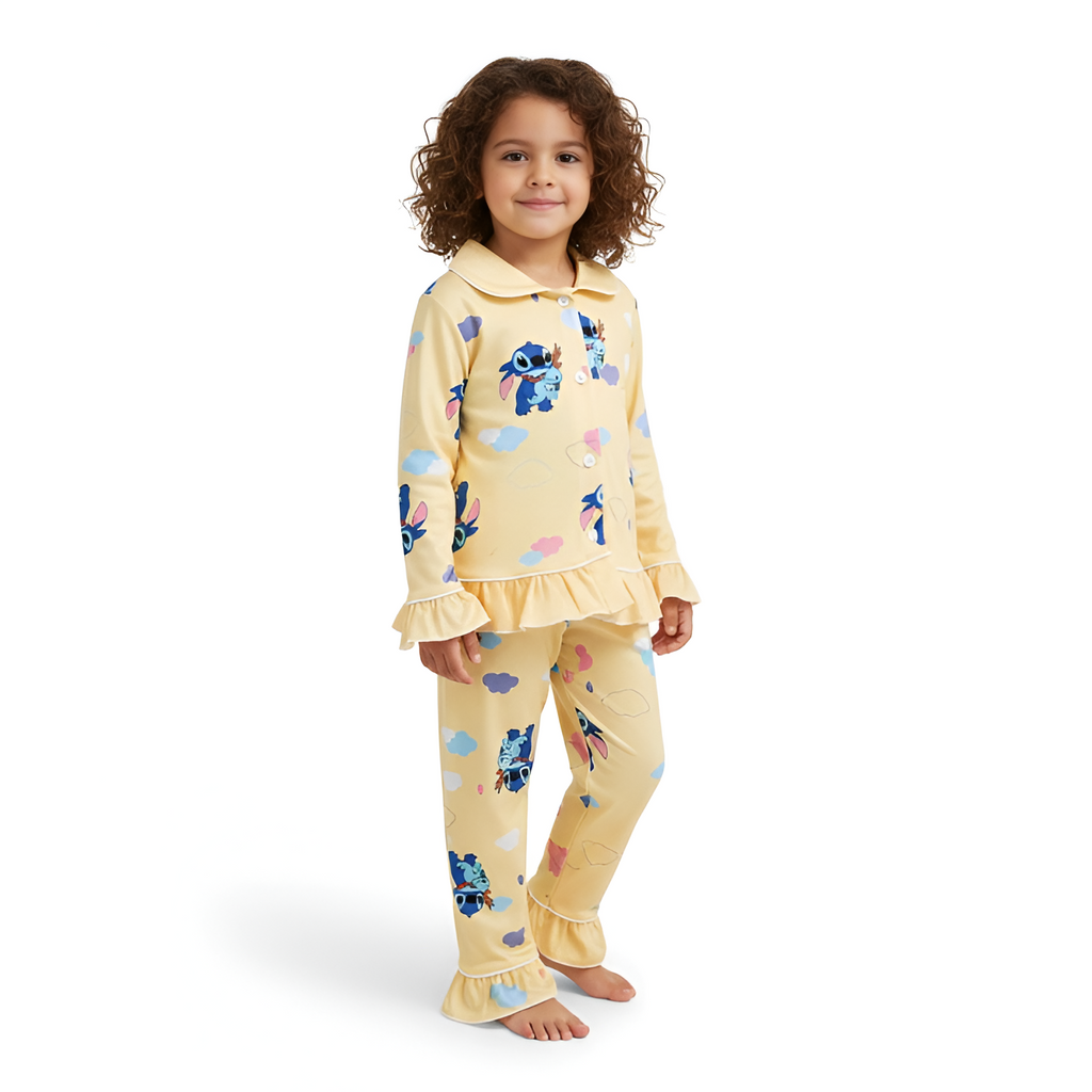 Girls Stitch Printed Long Sleeve Pajama Set With Ruffle Hem
