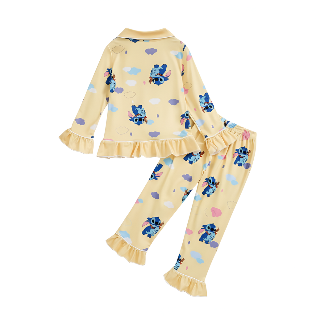 Girls Stitch Printed Long Sleeve Pajama Set With Ruffle Hem