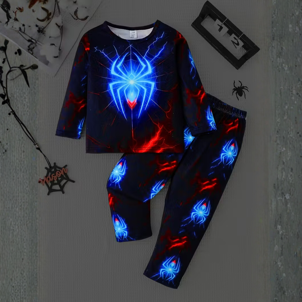 Boys Long Sleeve Pajama Set With Spider Print