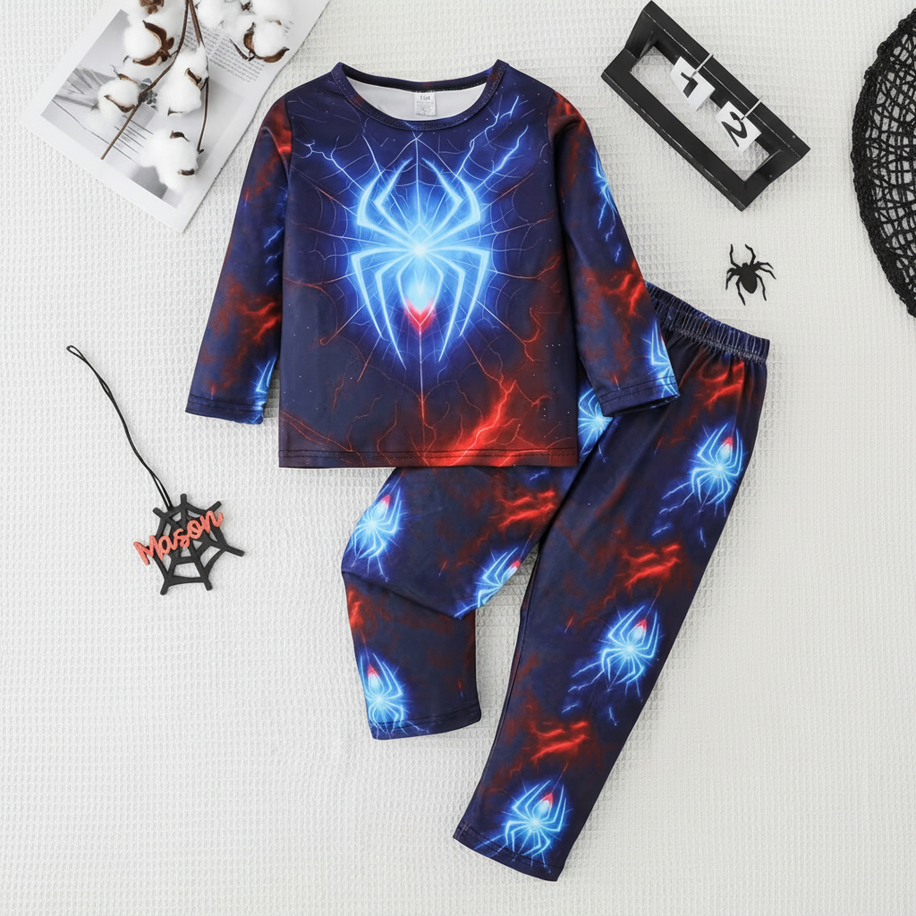 Boys Long Sleeve Pajama Set With Spider Print