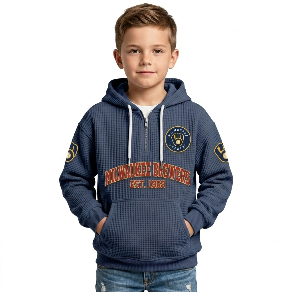 Milwaukee Brewers EST 1969 Kids Baseball Fan Printed Waffle Quarter Zip Hoodie