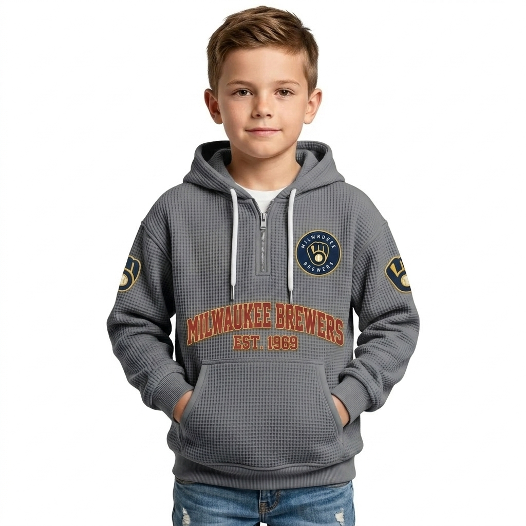 Milwaukee Brewers EST 1969 Kids Baseball Fan Printed Waffle Quarter Zip Hoodie