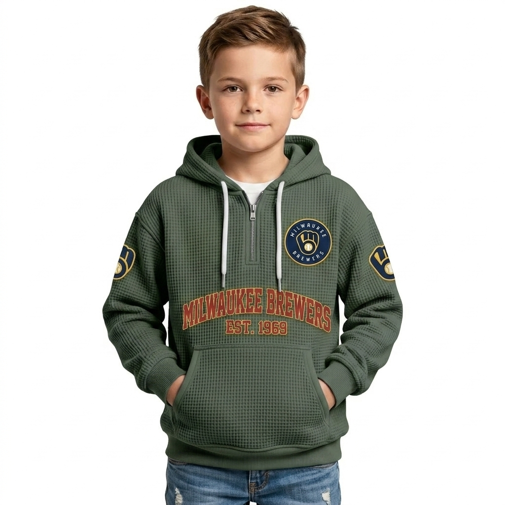 Milwaukee Brewers EST 1969 Kids Baseball Fan Printed Waffle Quarter Zip Hoodie