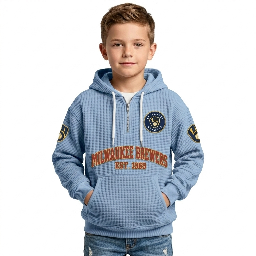 Milwaukee Brewers EST 1969 Kids Baseball Fan Printed Waffle Quarter Zip Hoodie
