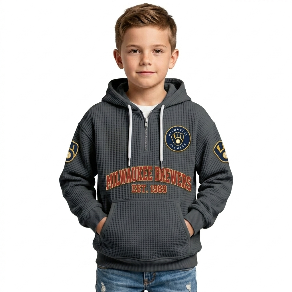 Milwaukee Brewers EST 1969 Kids Baseball Fan Printed Waffle Quarter Zip Hoodie