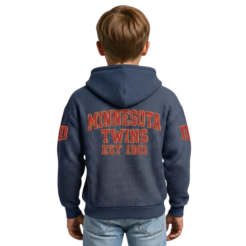 Minnesota Twins EST 1901 Kids Baseball Fan Printed Waffle Quarter Zip Hoodie