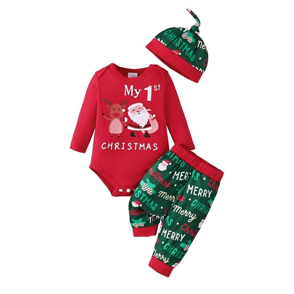 Infant My First Christmas Santa Print Top Pants and Hat 3 Piece Set