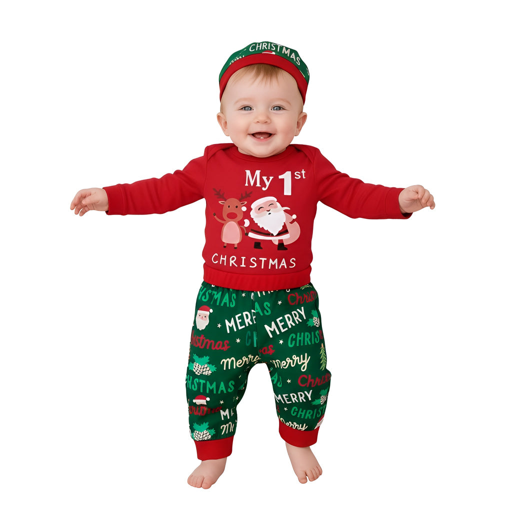 Infant My First Christmas Santa Print Top Pants and Hat 3 Piece Set