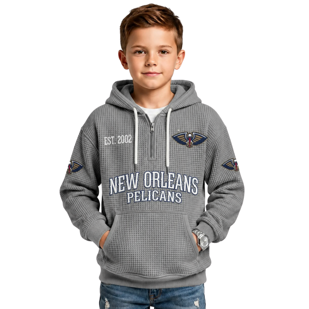 New Orleans Pelicans EST 2002 Kids Baseball Fan Printed Waffle Quarter Zip Hoodie