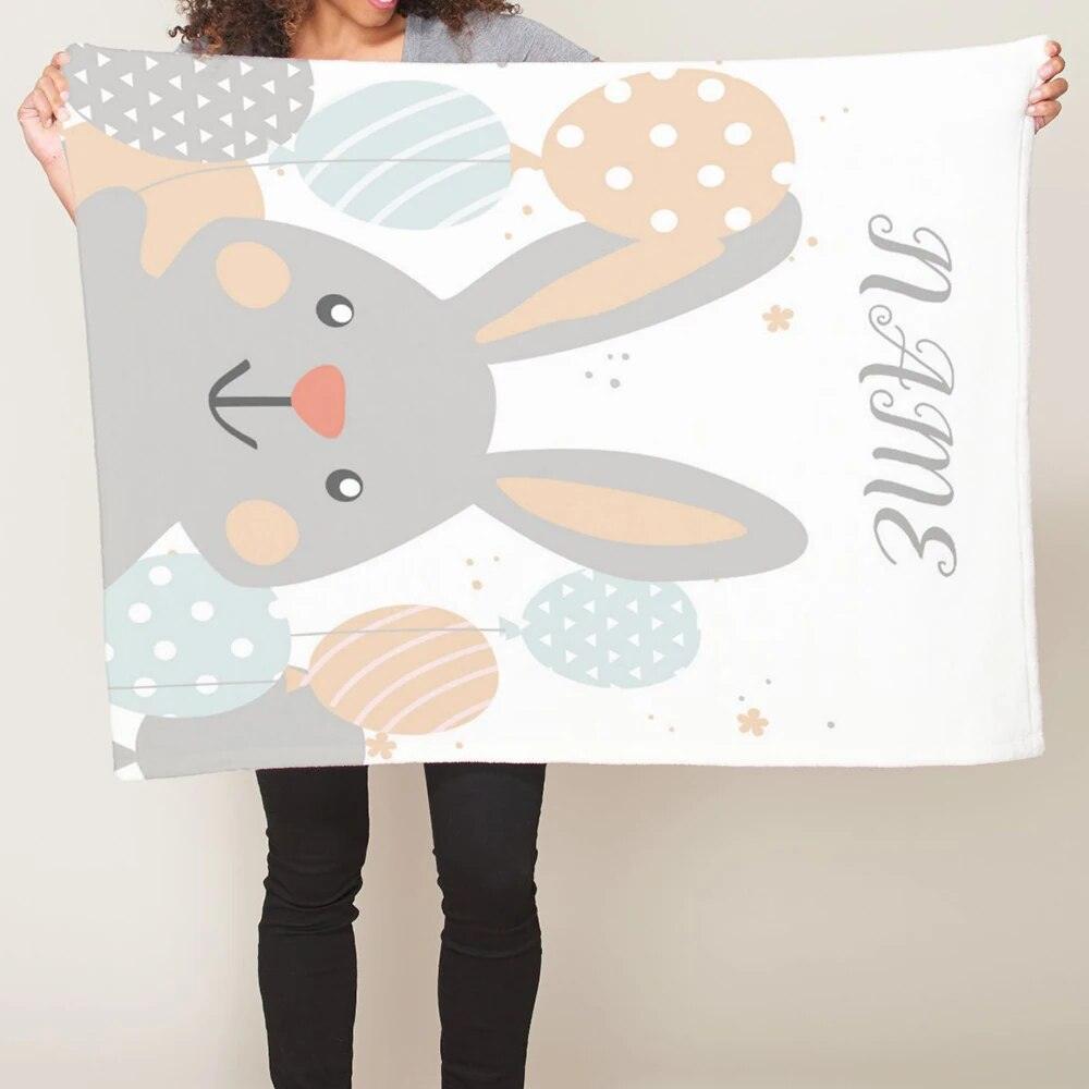 Rabbit Baby Blanket Personalized Bunny and Balloon Fleece Throw