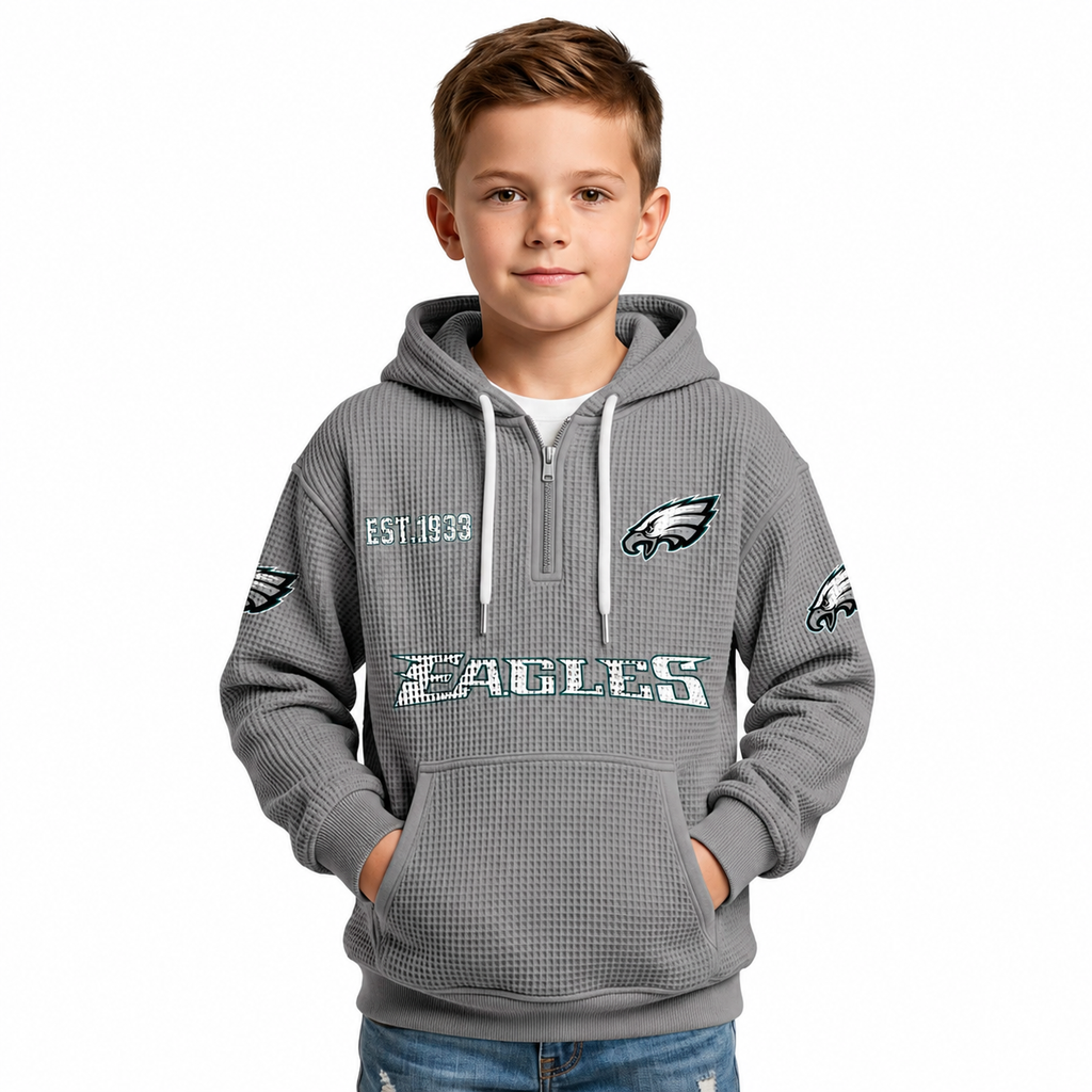 Philadelphia Eagles Football Team Themed Waffle Quarter Zip Kids Hoodie