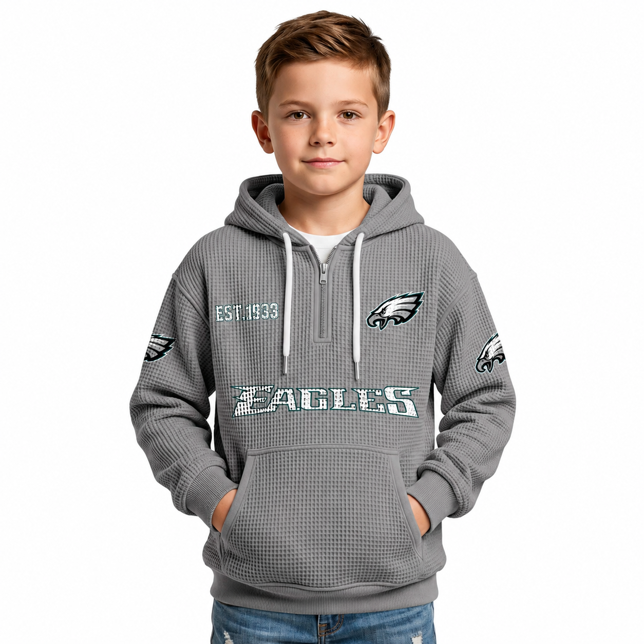 Philadelphia Eagles Football Team Themed Waffle Quarter Zip Kids Hoodie