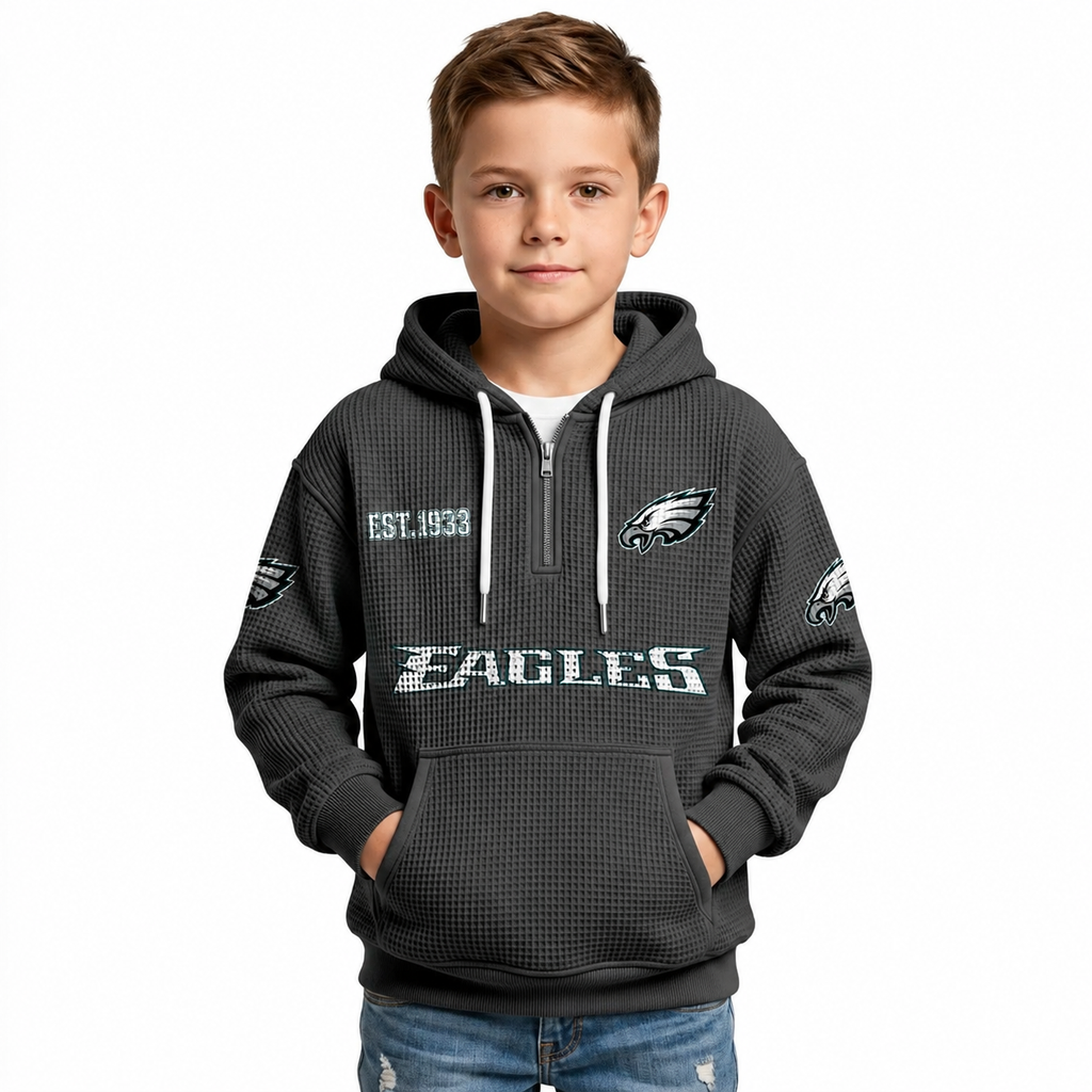 Philadelphia Eagles Football Team Themed Waffle Quarter Zip Kids Hoodie