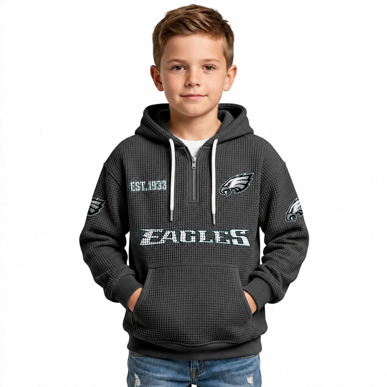 Philadelphia Eagles Football Team Themed Waffle Quarter Zip Kids Hoodie