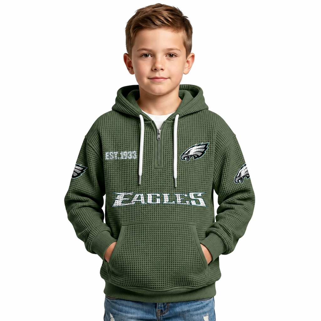 Philadelphia Eagles Football Team Themed Waffle Quarter Zip Kids Hoodie