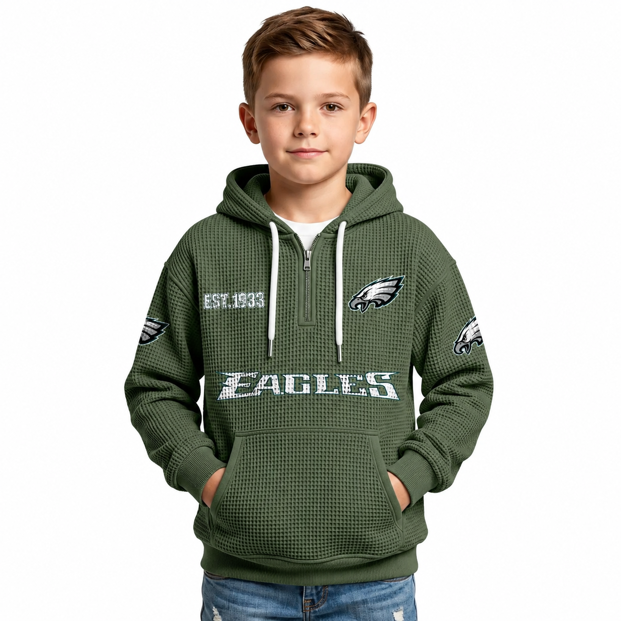 Philadelphia Eagles Football Team Themed Waffle Quarter Zip Kids Hoodie