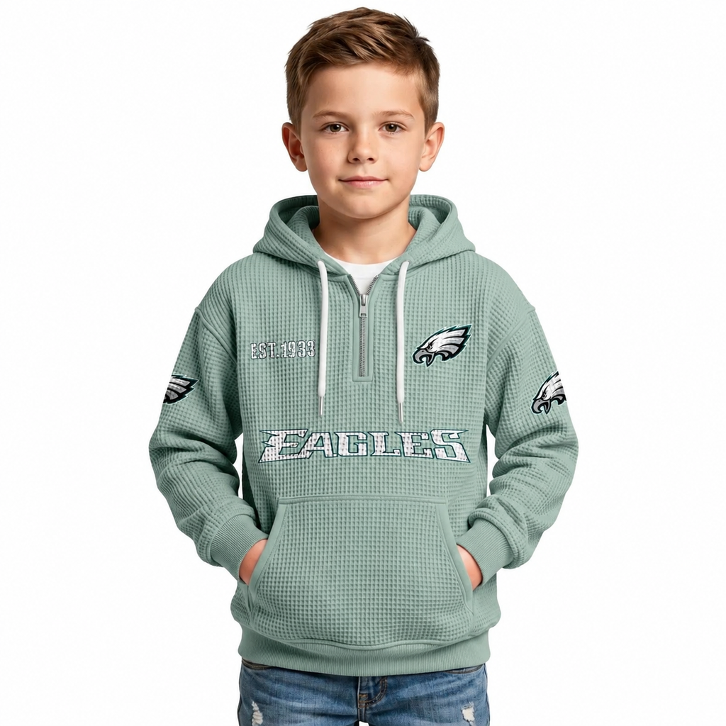 Philadelphia Eagles Football Team Themed Waffle Quarter Zip Kids Hoodie