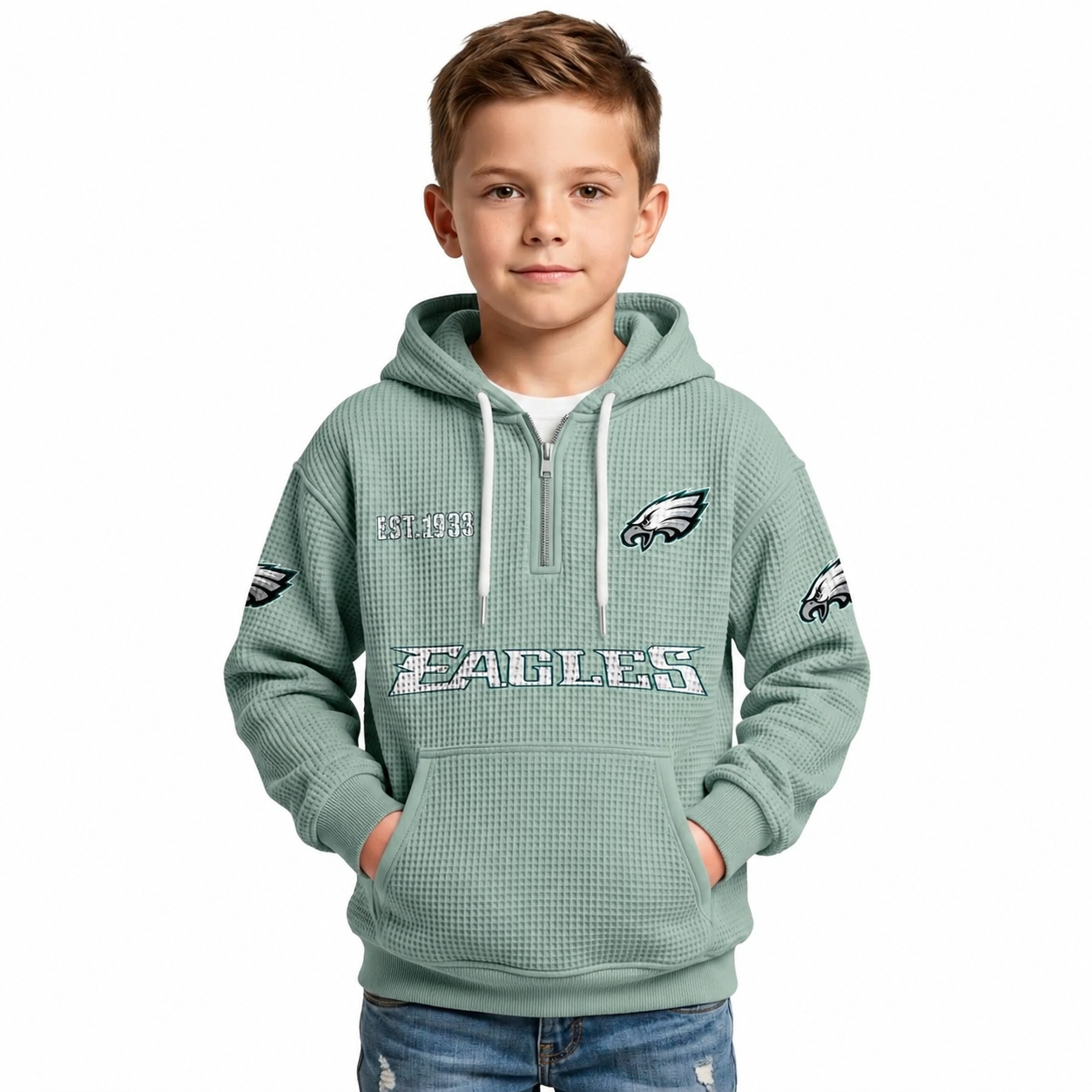 Philadelphia Eagles Football Team Themed Waffle Quarter Zip Kids Hoodie