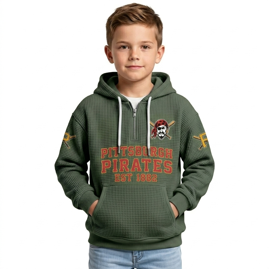 Pittsburgh Pirates EST 1882 Kids Baseball Fan Printed Waffle Quarter Zip Hoodie