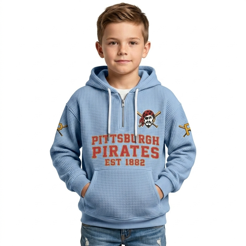 Pittsburgh Pirates EST 1882 Kids Baseball Fan Printed Waffle Quarter Zip Hoodie