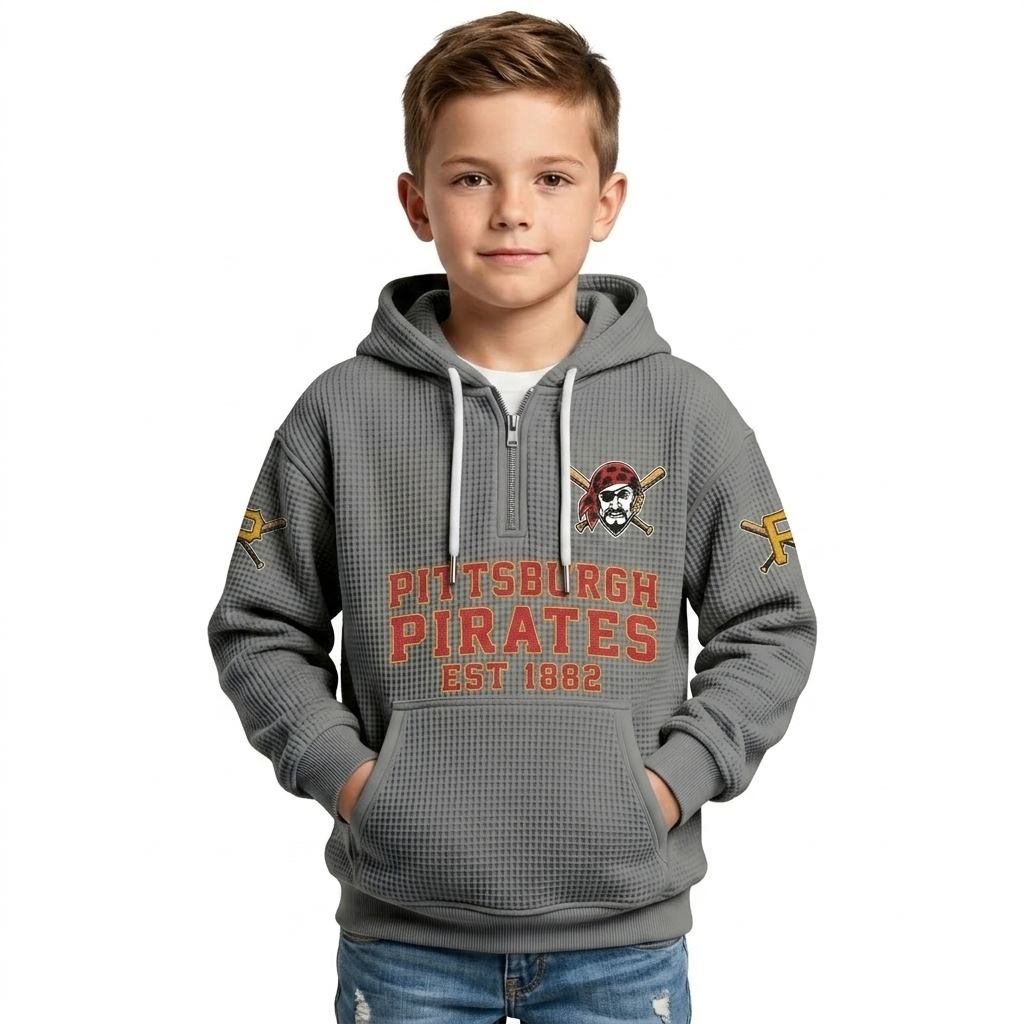 Pittsburgh Pirates EST 1882 Kids Baseball Fan Printed Waffle Quarter Zip Hoodie