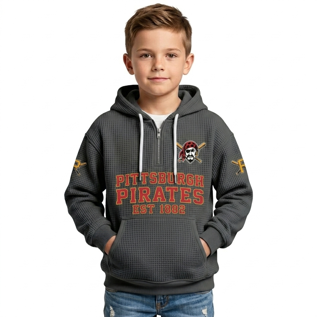 Pittsburgh Pirates EST 1882 Kids Baseball Fan Printed Waffle Quarter Zip Hoodie