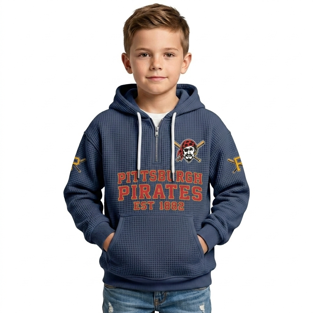 Pittsburgh Pirates EST 1882 Kids Baseball Fan Printed Waffle Quarter Zip Hoodie