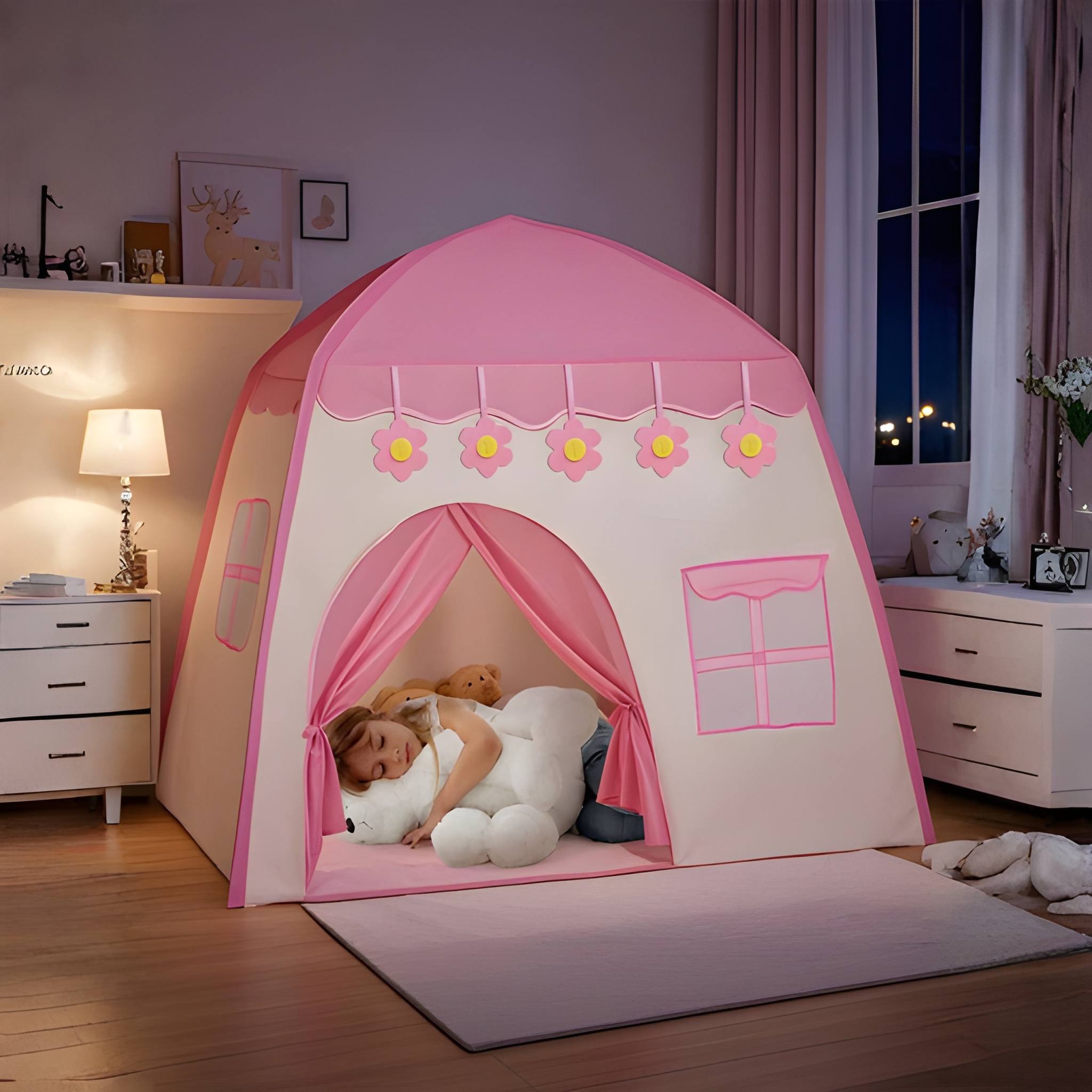 Kids Foldable Castle Play Tent With Large Indoor Space And Window Design