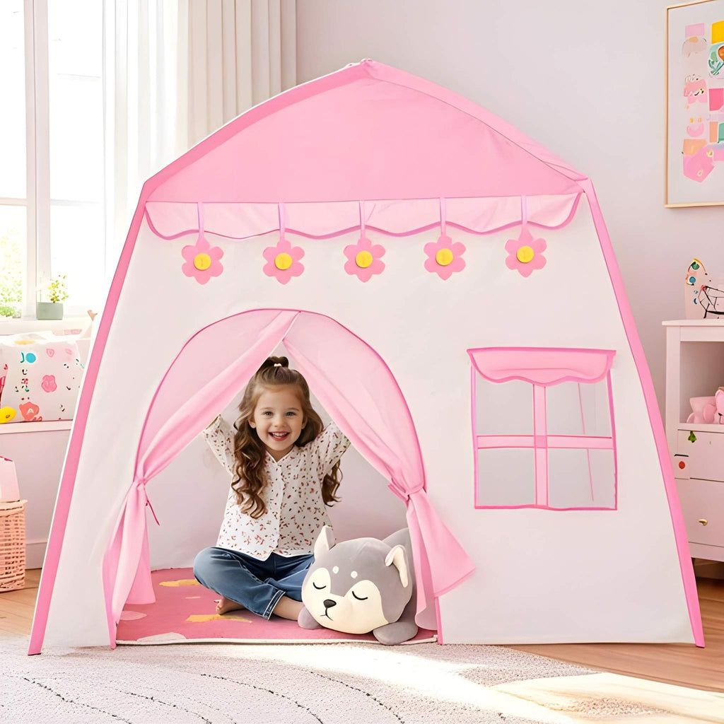 Kids Foldable Castle Play Tent With Large Indoor Space And Window Design